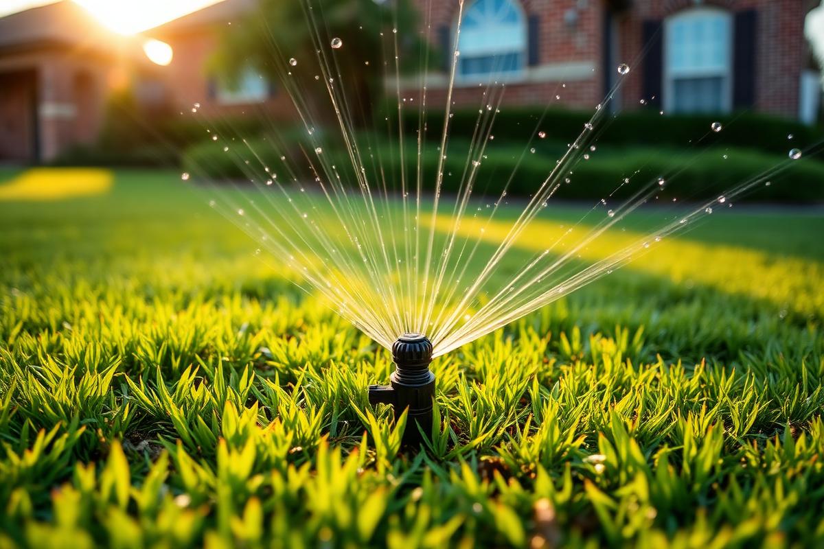 Rotor sprinkler head watering a St. Augustine lawn in Conroe, TX (Montgomery County)