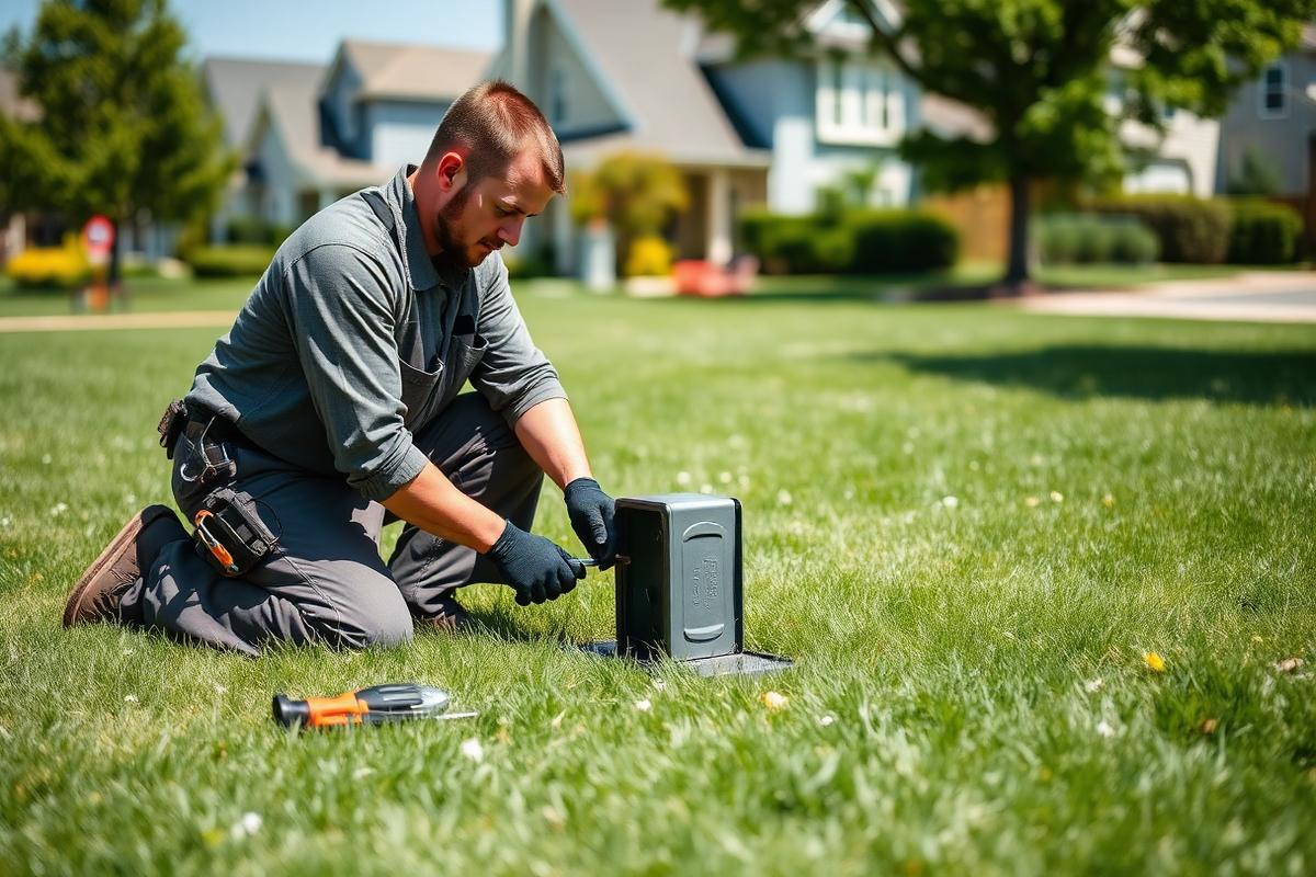 Technician testing an irrigation valve box at a Pasadena, TX home in Harris County